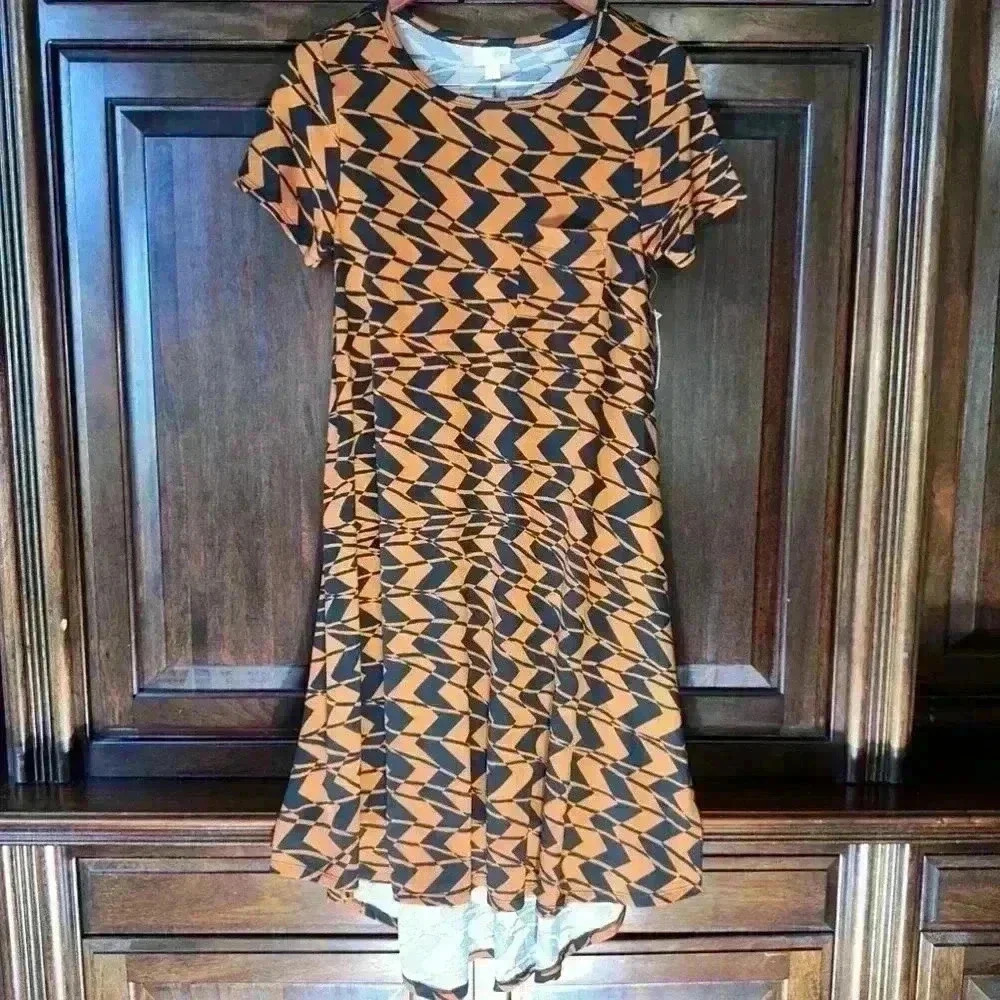 LuLaRoe Carly Womens High Low Swing Dress Rust Orange Brown Black Size XS
